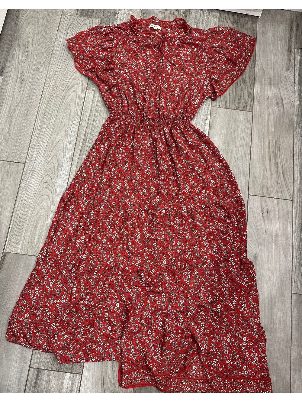 Max Studio Red Floral Midi Dress with Elastic Waist, Size L